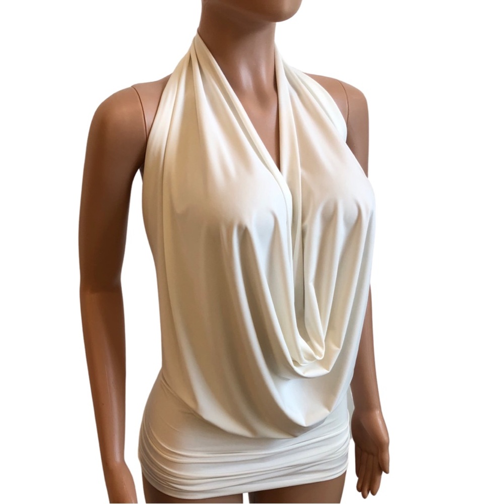 Ivory Off White Backless Drape Cowl Halter Top - HandMade In USA